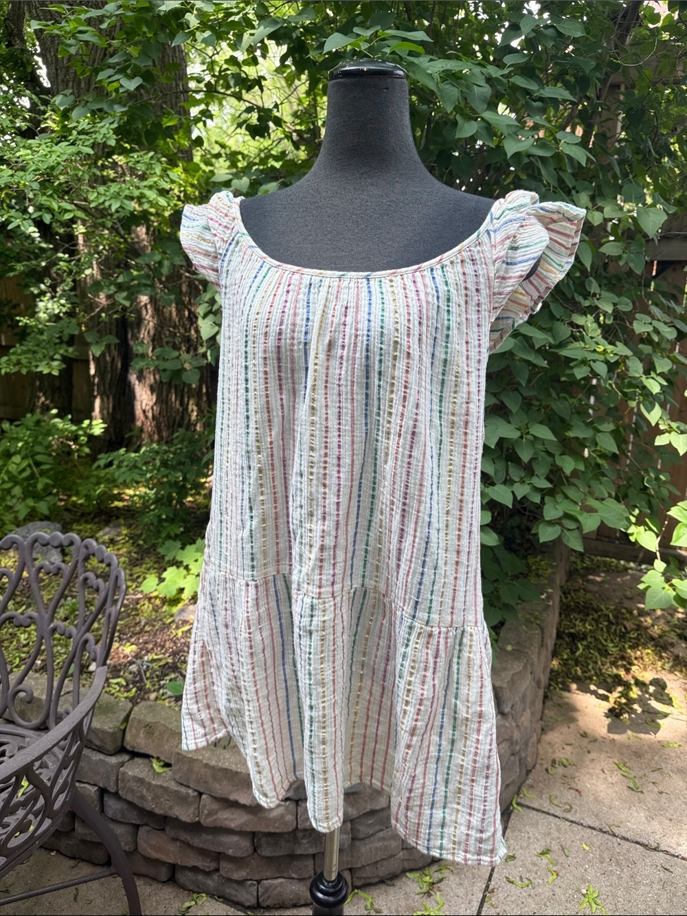 Gap Women's Rainbow Metallic Stripe Crinkle Gauze Tiered Dress Size Medium